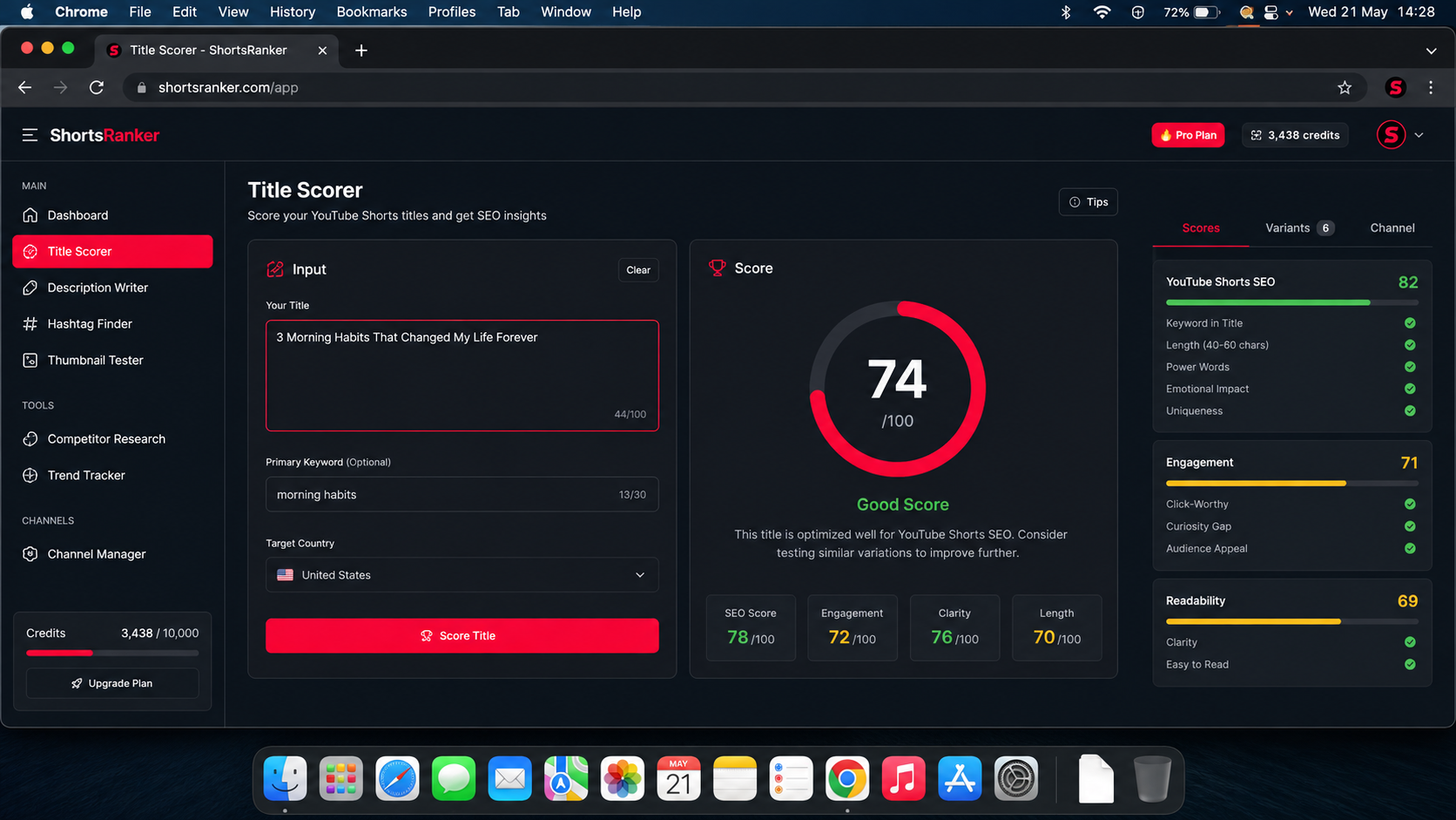 ShortsRanker Title Scorer dashboard with score ring and title variants